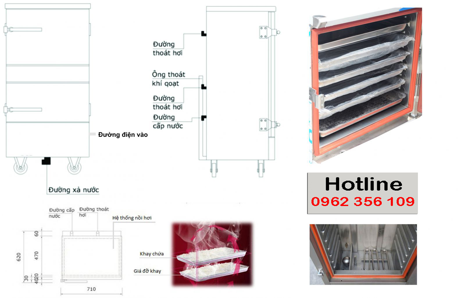 Cấu tạo của Tủ nấu cơm công nghiệp 12 khay dùng ga điện kết hợp